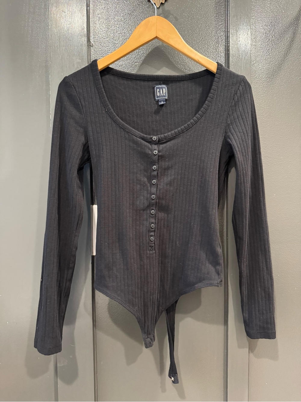 GAP Black Ribbed Long-Sleeve Henley Bodysuit with Scoop Neck
